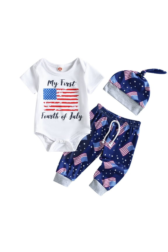 My First 4th of July Baby Boy Outfit 3M 6M 12M Newborn Short Sleeve Onesie Romper American Flag Long Pants Hat Set