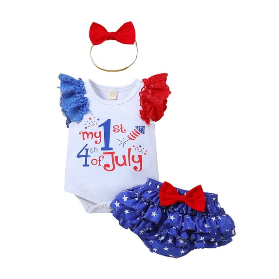 My First 4th of July Baby Girls Outfits Lace Fly Sleeve Rompers +Bowknot Bubble Shorts +Headband 3Pcs Clothes Set