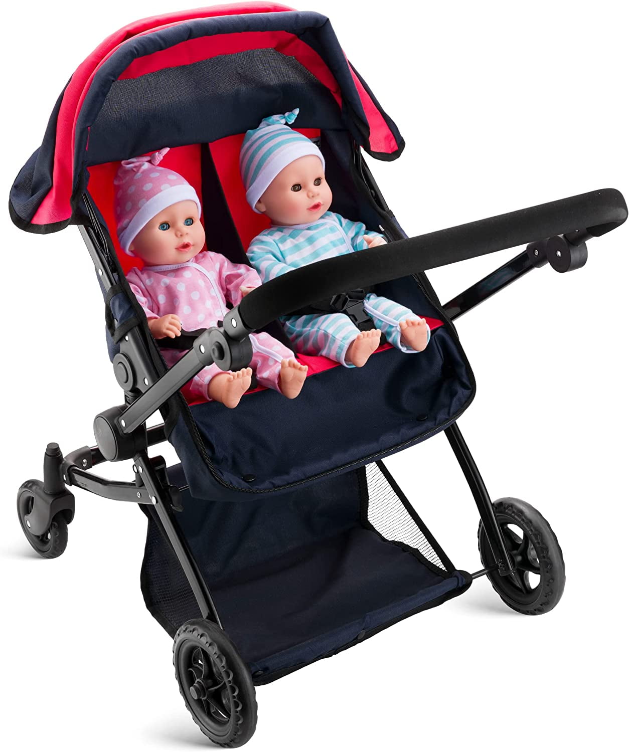 My First Baby Doll Twin Stroller Foldable Double Doll Pram in Red and