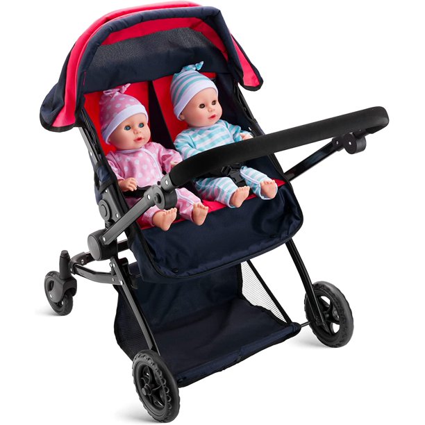 My First Baby Doll Twin Stroller Foldable Double Doll Pram in Red and Navy Blue for Toddlers and