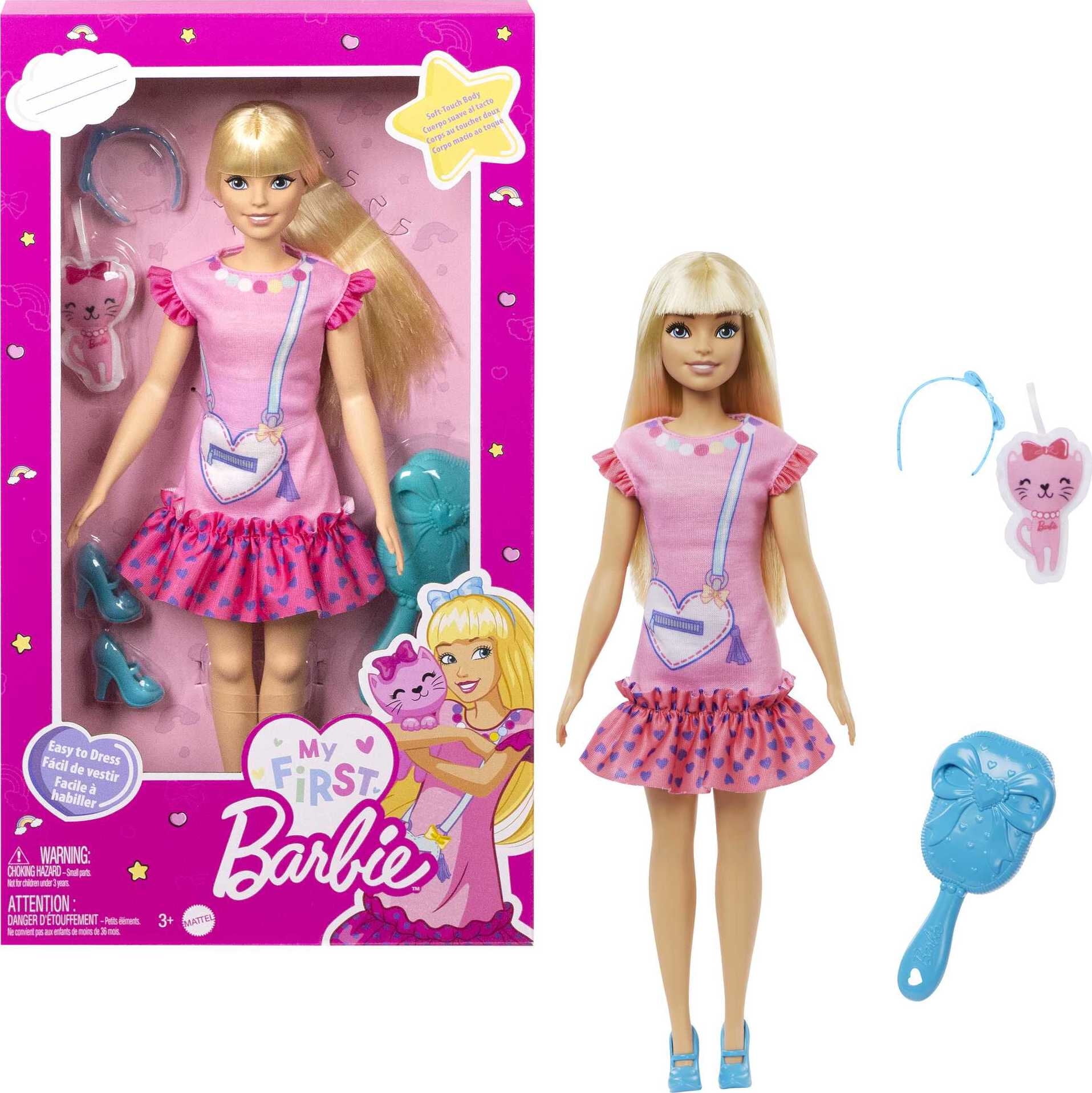 My First Barbie "Malibu" Preschool Doll with Soft Posable Body, Kitten & Accessories, 13.5inch