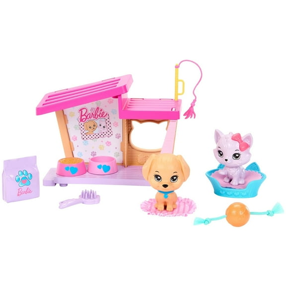 My First Barbie Pet Care Accessories for Preschool Dolls, Dog House with Dog & Cat, 13.5-inch Scale