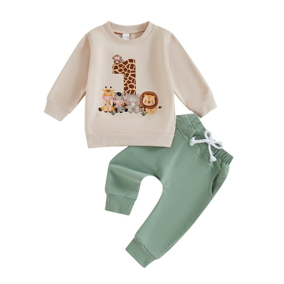 My First Birthday Baby Boy Outfit 6 12 18 Months Animal Print Sweatshirt Tops Pants 2Pcs Cute Spring Fall Clothes Set