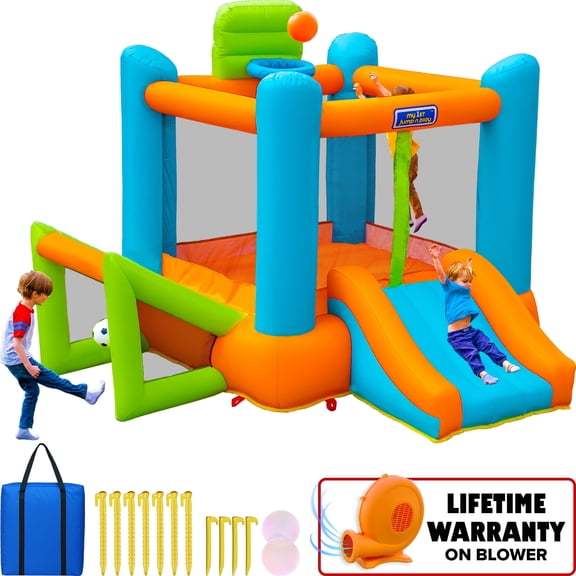 Sportspower My 1st 3-in-1 Bounce House with Blower, Soccer Goal & Basketball Hoop, Indoor/Outdoor Kids Inflatable Bouncer