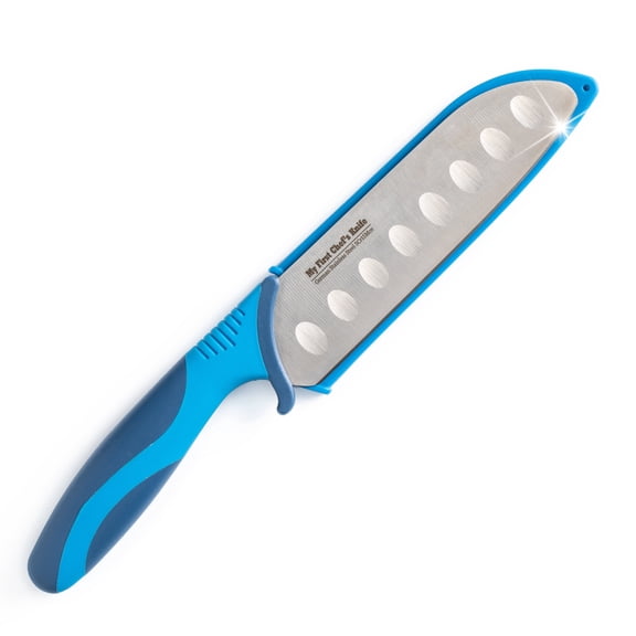 My First Chef's Knife for Children - (Royal/Navy) w/Protective Safety Sheath - German Stainless Steel - Curved Finger Shield and Rounded Tip and Heel