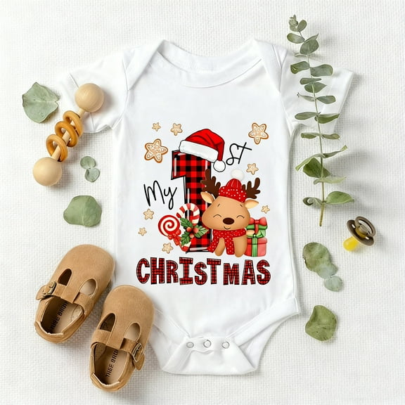 My First Christmas Baby Bodysuit, Festive Santa Reindeer & Plaid Print Romper, Soft Newborn Outfit, Perfect Holiday Gift & Season's Keepsa
