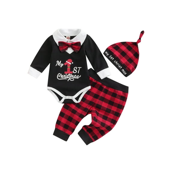 My First Christmas Baby Boy Gentlemen Outfits Bow Tie Romper + Plaid Pants +Hats Set Newborn Infant Fall Winter Xmas Holiday Clothes