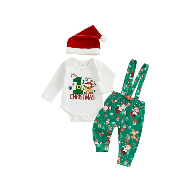 My First Christmas Baby Boy Outfits Long Sleeve Romper +Suspender Pants