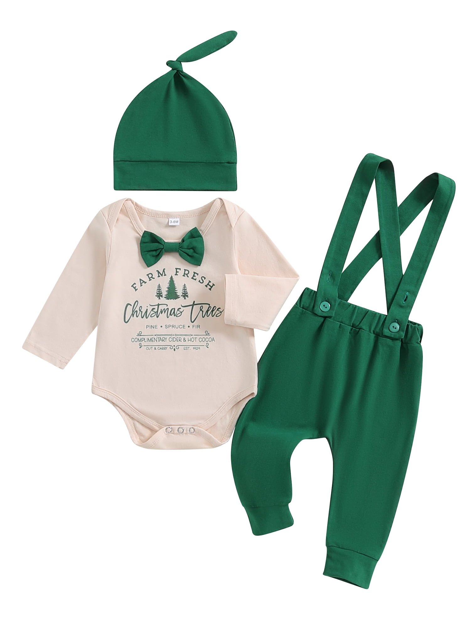 My First Christmas Baby Boy Outfits Xmas Tree Bow Tie Romper +Suspender