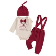 SXYPAYXS My First Christmas Baby Boy Outfits Xmas Tree Bow Tie Romper +Suspender Pants Overalls +Hats Set Newborn Fall Winter Holiday Clothes