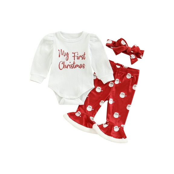 My First Christmas Baby Girl Outfit 3 6 12 18 Months Ribbed Romper Onesie+Santa Flared Pants+Headband Newborn 1st Christmas Clothes