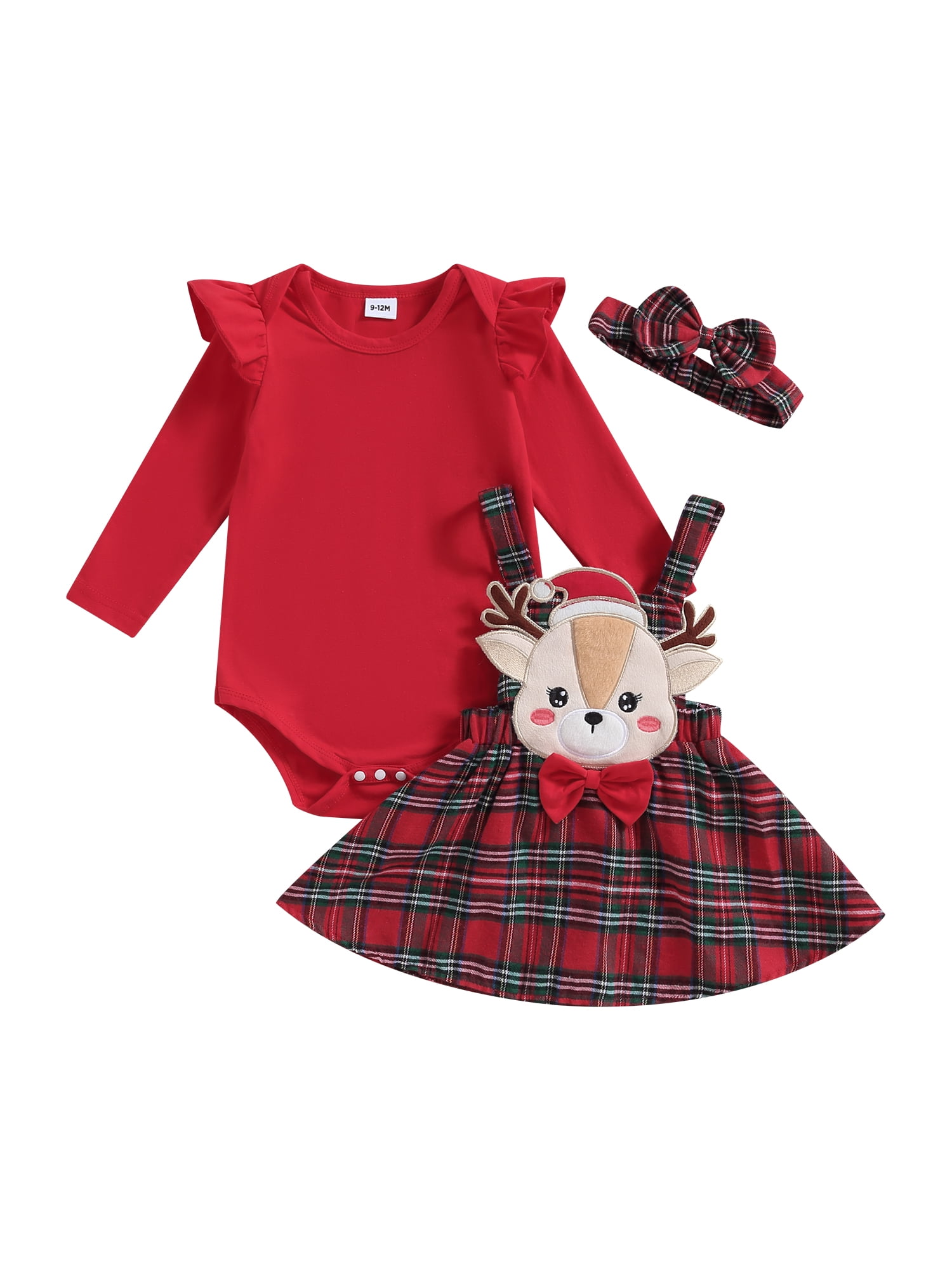 Baby Girl First Christmas Outfit Set – Reindeer Romper & Buffalo Plaid Skirt With Leg Warmers (0-18 Months)