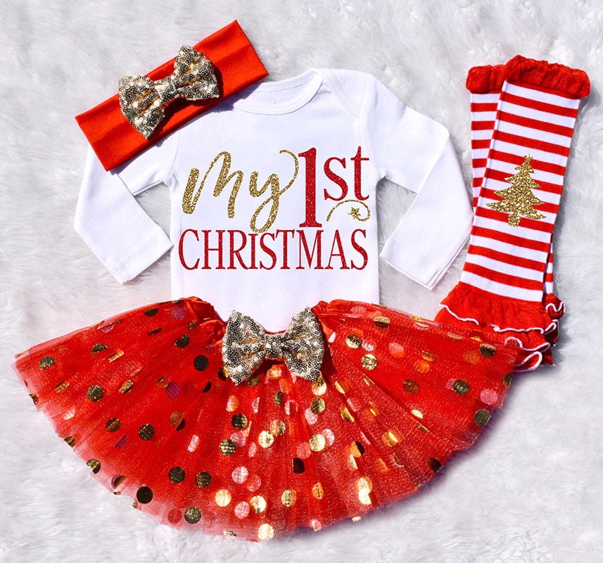 My First Christmas Baby Girls Infant Outfit Romper Tutu Skirts Headband Baby First Christmas Outfit