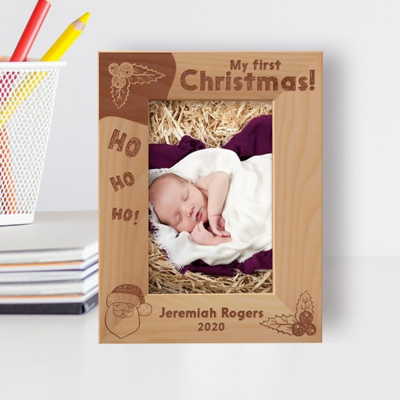 My First Christmas Ho Ho Ho Personalized Wooden Frame 4" x 6" Brown (Vertical)