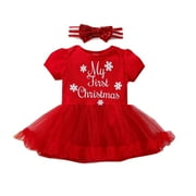 My First Christmas Outfit for Baby Girl Xmas Letter Snowflake Printed Lace Patchwork Tutu Romper Dress with Headband