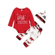 My First Christmas Outfits Baby Boy Girl 6 12 18 24 Months Long Sleeve Romper Onesie Pants Hat 3Pcs Fall Winter Clothes