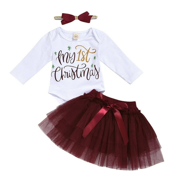 My First Christmas Skirt Sets Long Sleeve Romper Bodysuit Tutu Headband 3pcs Outfits