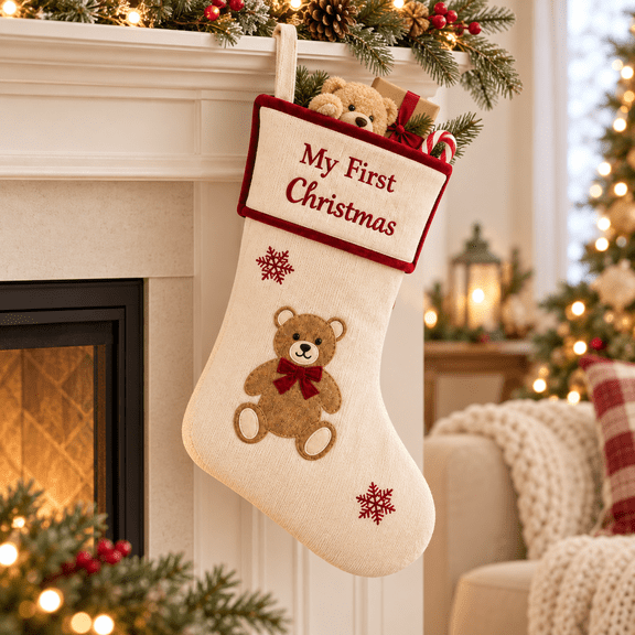 My First Christmas Stocking with Teddy Bear Applique Embroidered Lettering Snowflake Details and Hanging Loop for Holiday Decor