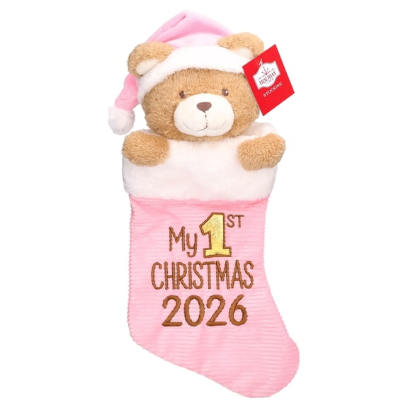 My First Christmas Stocking with Teddy Bear, Pink, 22", by Holiday Time