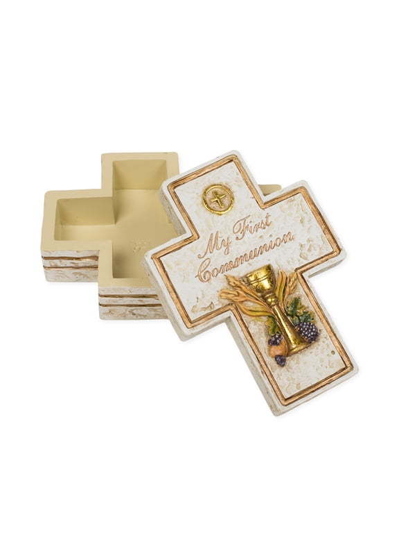 My First Communion Cross Shaped 2.5 x 3.5 Inch Resin Stone Keepsake Box