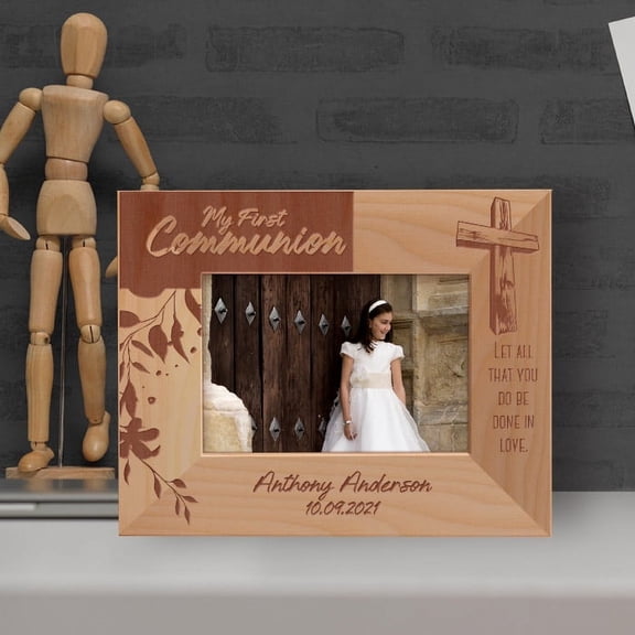 My First Communion Personalized Wooden Frame-5" x 3 1/2" Brown Horizontal