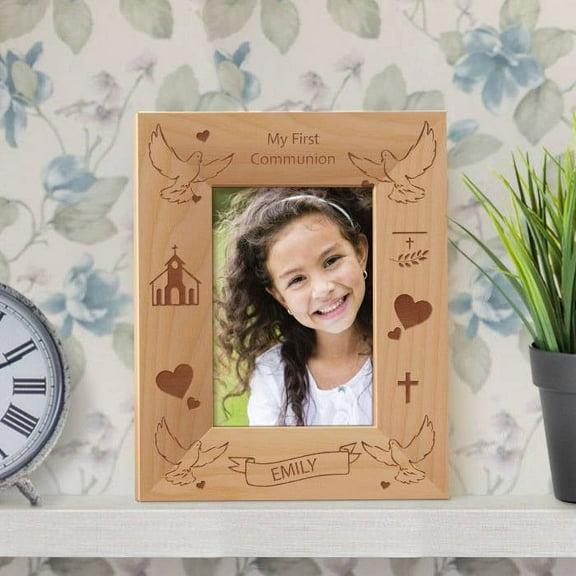 My First Communion Personalized Wooden Photo Frame 3 1/2" x 5" Brown (Vertical)