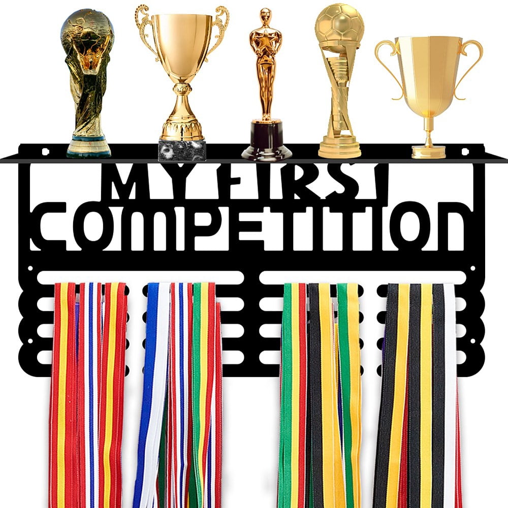 My First Competition Medal and Trophy Display Rack with Hook Medal Hanger Medal Frame with Trophy Shelf Organizer Over 60+ Medals Awards