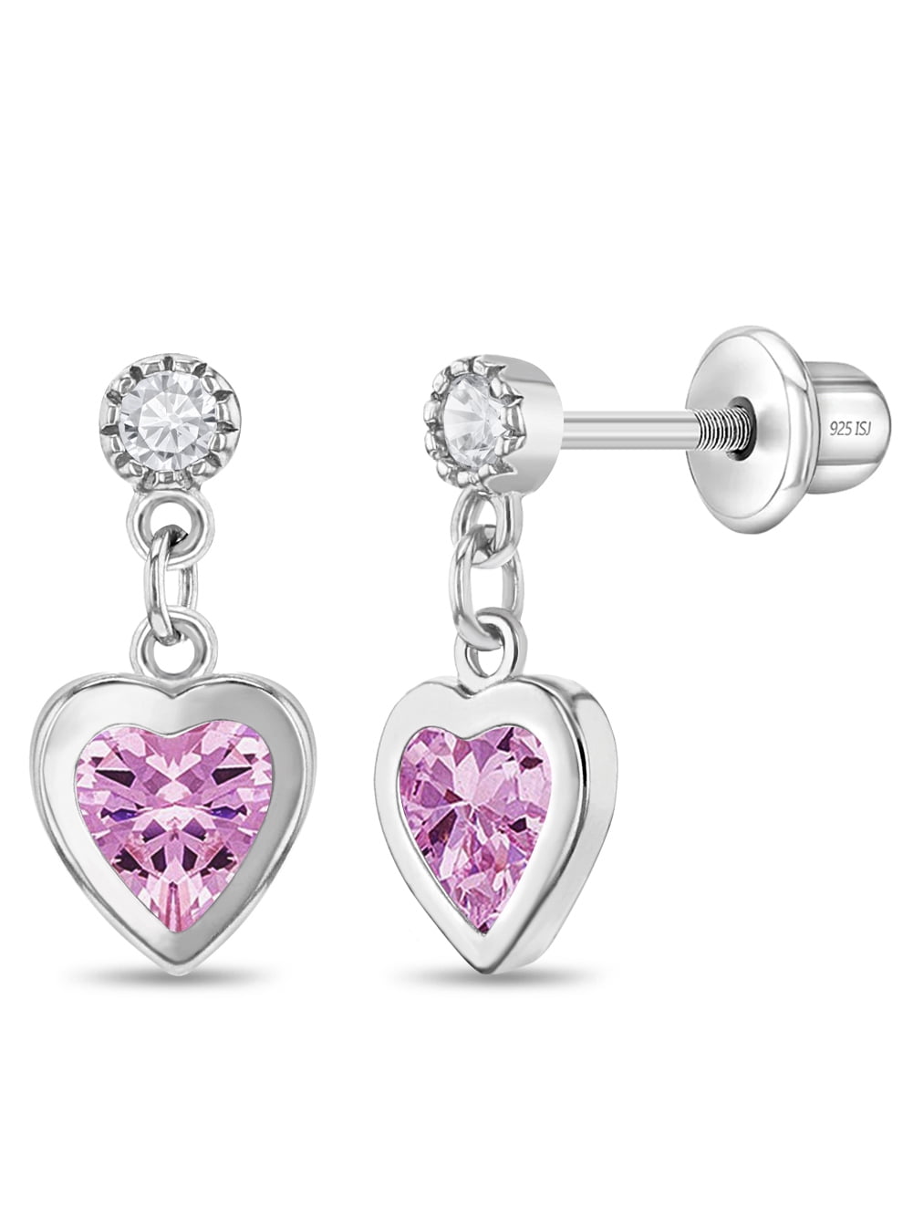My First Dangle Hearts Pink Kids / Girls Earrings Screw Back - Sterling Silver