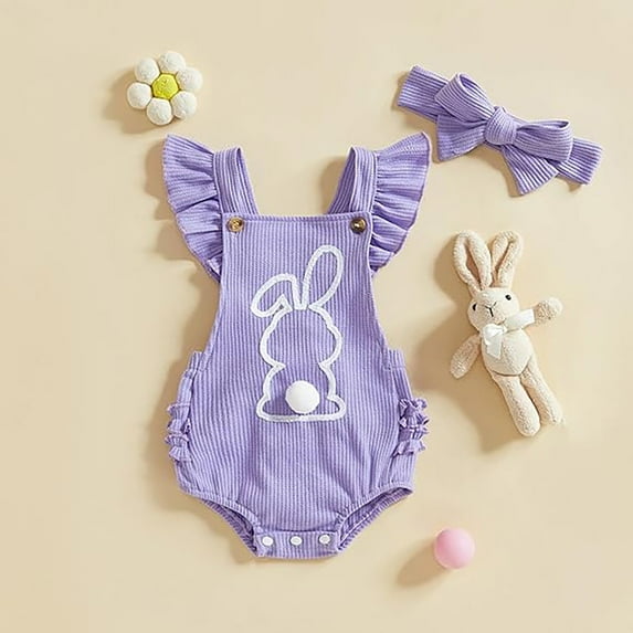 My First Easter Baby Boy Outfit Cute Bunny Letter Embroider Fly Sleeve Romper Bodysuit Outfit Boy for Baby 3-6 Months
