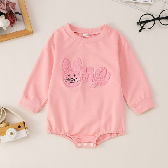 Toddler Easter Outfit Boy Cute Bunny Letter Embroider Long Sleeve Romper Bodysuit Boys Outfits for Toddler Girls 12-18 Months