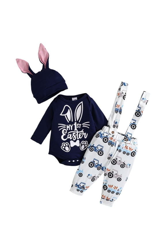 My First Easter Baby Boy Outfit Long Sleeve Romper Tractor Suspender Pants Set Bunny Ear Hat 3Pcs Easter Clothes