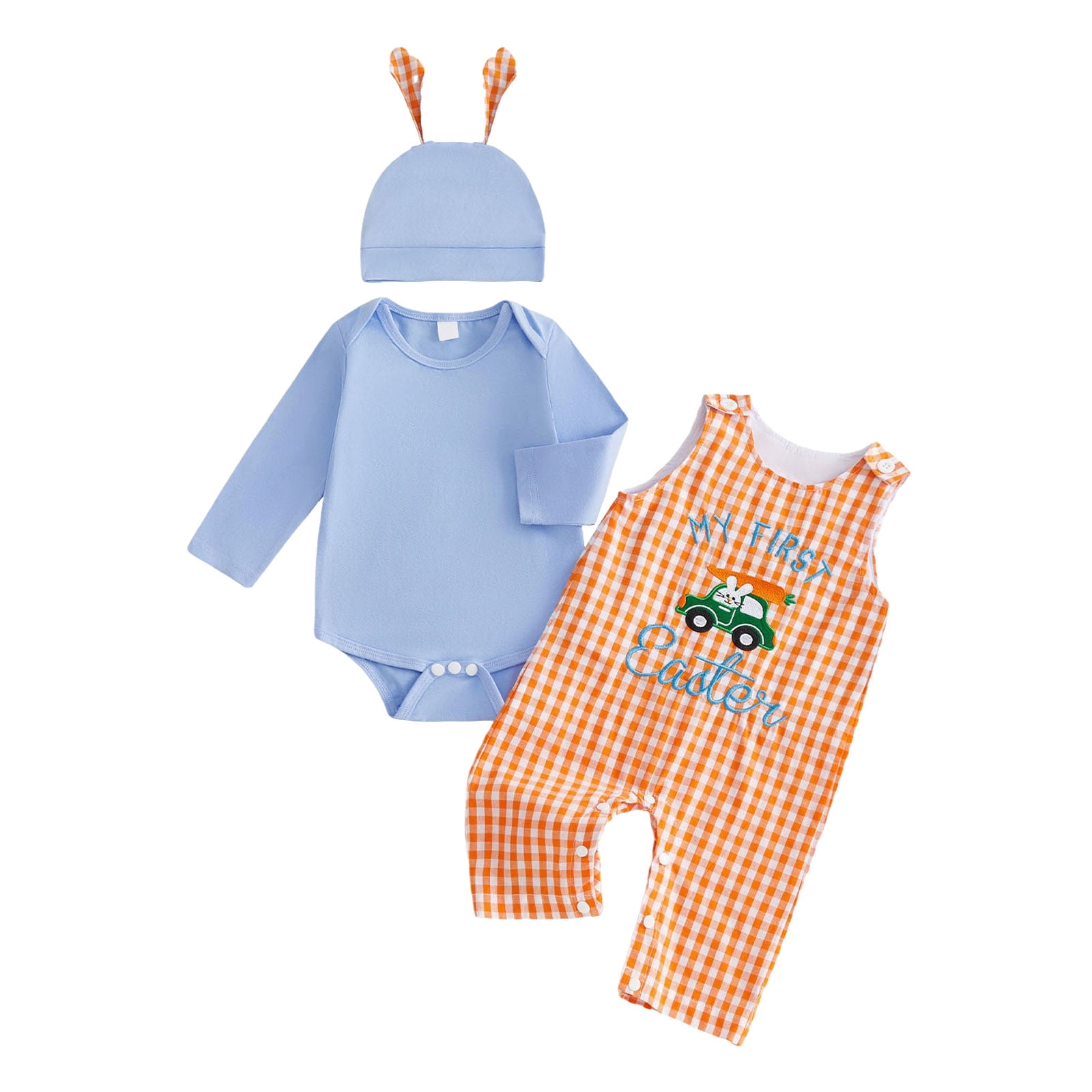 My First Easter Baby Boy Outfit Romper Bunny Carrot Embroidery Plaid ...