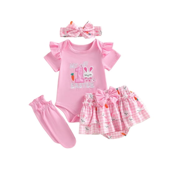 My First Easter Baby Girl Outfit Bunny Long Sleeve Romper + Layered Ruffle Bloomers Tutu Skirt Shorts + Socks + Headband 4Pcs Cute Clothes Set