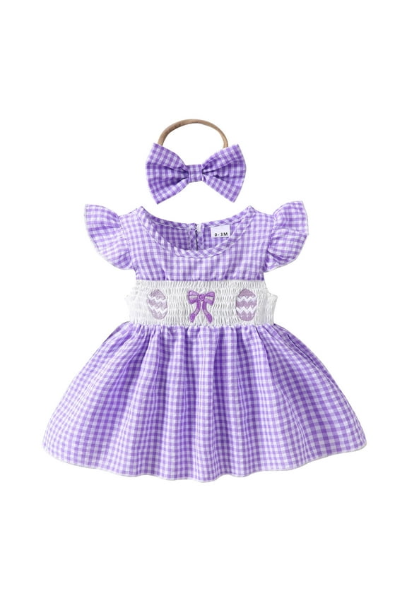 My First Easter Baby Girl Outfit Easter Egg and Bow Embroider Ruffled Sleeve Tutu Romper Dress with Headband Baby Outfits Girl for Baby 3-6 Months