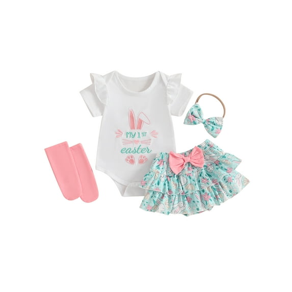 My First Easter Baby Girl Outfit Letter Embroidery Fly Sleeve Romper + Bunny Skirt + Bow Headband + Socks 4Pcs Summer Clothes Set