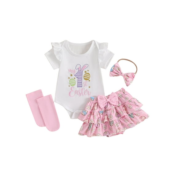 My First Easter Baby Girl Outfit Letter Embroidery Fly Sleeve Romper + Bunny Skirt + Bow Headband + Socks 4Pcs Summer Clothes Set