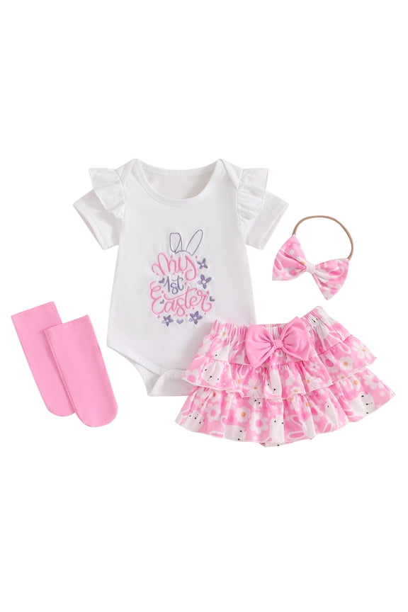 My First Easter Baby Girl Outfit Letter Embroidery Fly Sleeve Romper + Bunny Skirt + Bow Headband + Socks 4Pcs Summer Clothes Set