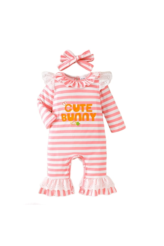 My First Easter Baby Girl Outfit Newborn Cute Bunny Print Jumpsuit Ruffle Romper With Headband Cute Easter Clothes