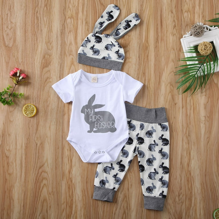 My First Easter Newborn Infant Baby Girl boy Clothes Set 3Pcs Outfit Short  Sleeve Bunny Romper Pants hat Gray 12-24 Months