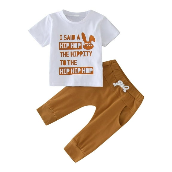 My First Easter Toddler Boys Girls Short Sleeve Easter Rabbit Prints T Shirt Tops Pants Outfits Toddler Boy Easter Outfit Coffee 18 Months-24 Months