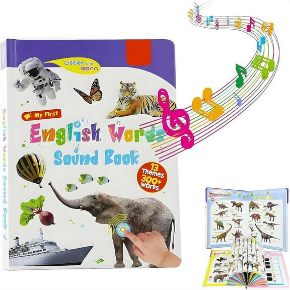 My First English Sound Toy,English Learning Talking Book,12 Themes 300+ Words Interactive Audio Sound Books,Fun Word Game,Press to Learn Phonics