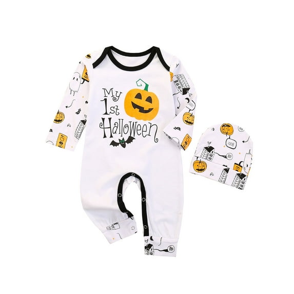 My First Halloween Baby Boy Girl Outfit Pumpkin Romper Long Sleeve Jumpsuit with Hat Newborn Fall Clothes Cute Halloween Costume