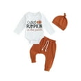 thumbnail image 1 of My First Halloween Baby Boy Girl Outfits Long Sleeve Pumpkin Letter Print Romper + Pants + Hat Set Infant Clothes, 1 of 8