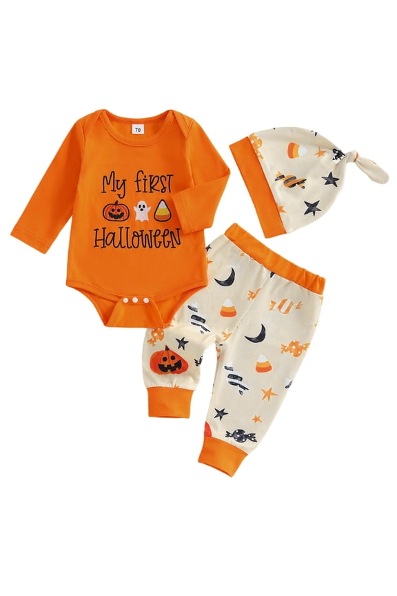 My First Halloween Baby Boy Outfit Letter Embroidery Long Sleeve Romper Spider Bat Pants and Hat 3Pcs Fall Winter Clothes Set