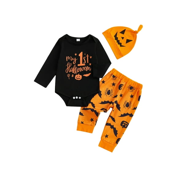 My First Halloween Baby Boy Outfit Letter Print Long Sleeve Romper Spider Bat Pants and Hat 3Pcs Fall Winter Clothes Set