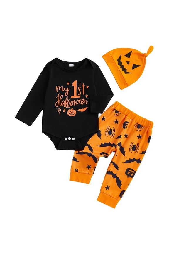 My First Halloween Baby Boy Outfit Letter Print Long Sleeve Romper Spider Bat Pants and Hat 3Pcs Fall Winter Clothes Set