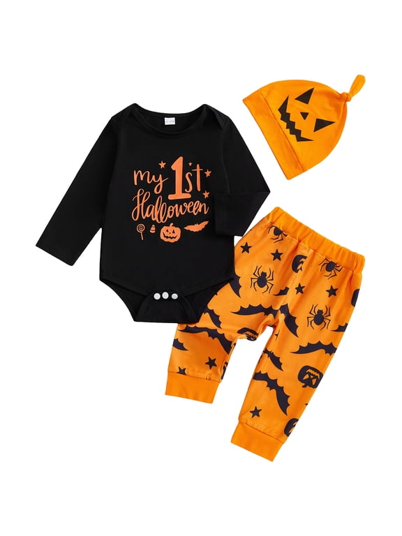 My First Halloween Baby Boy Outfit Letter Print Long Sleeve Romper Spider Bat Pants and Hat 3Pcs Fall Winter Clothes Set