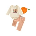 thumbnail image 1 of My First Halloween Baby Boy Outfit Letter Pumpkin Embroidery Long Sleeve Romper Plaid Pants and Hat 3Pcs Fall Winter Clothes Set, 1 of 10