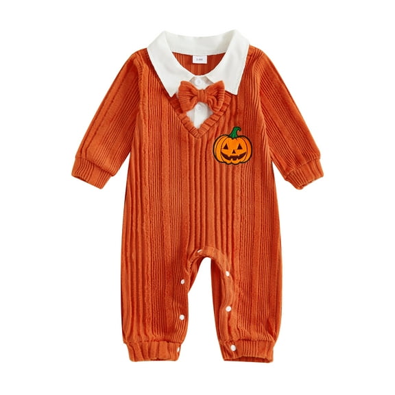 My First Halloween Baby Boy Outfit Newborn Pumpkin Embroidery Knit Romper Long Sleeve Lapel Jumpsuit with Bowtie Infant Christmas Clothes