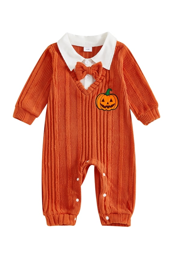 My First Halloween Baby Boy Outfit Newborn Pumpkin Embroidery Knit Romper Long Sleeve Lapel Jumpsuit with Bowtie Infant Christmas Clothes